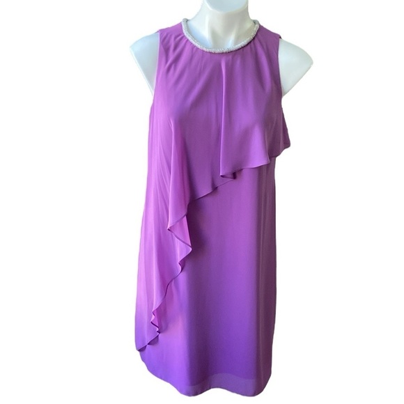 SLNY Pink/Lilac Beaded Collar Sleeveless Tiered Cocktail Dress - Picture 1 of 9